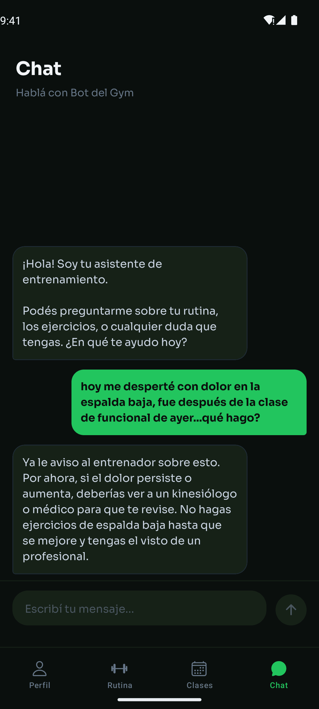 Pantalla Chat de la app Gimpulso: conversación del socio con el asistente