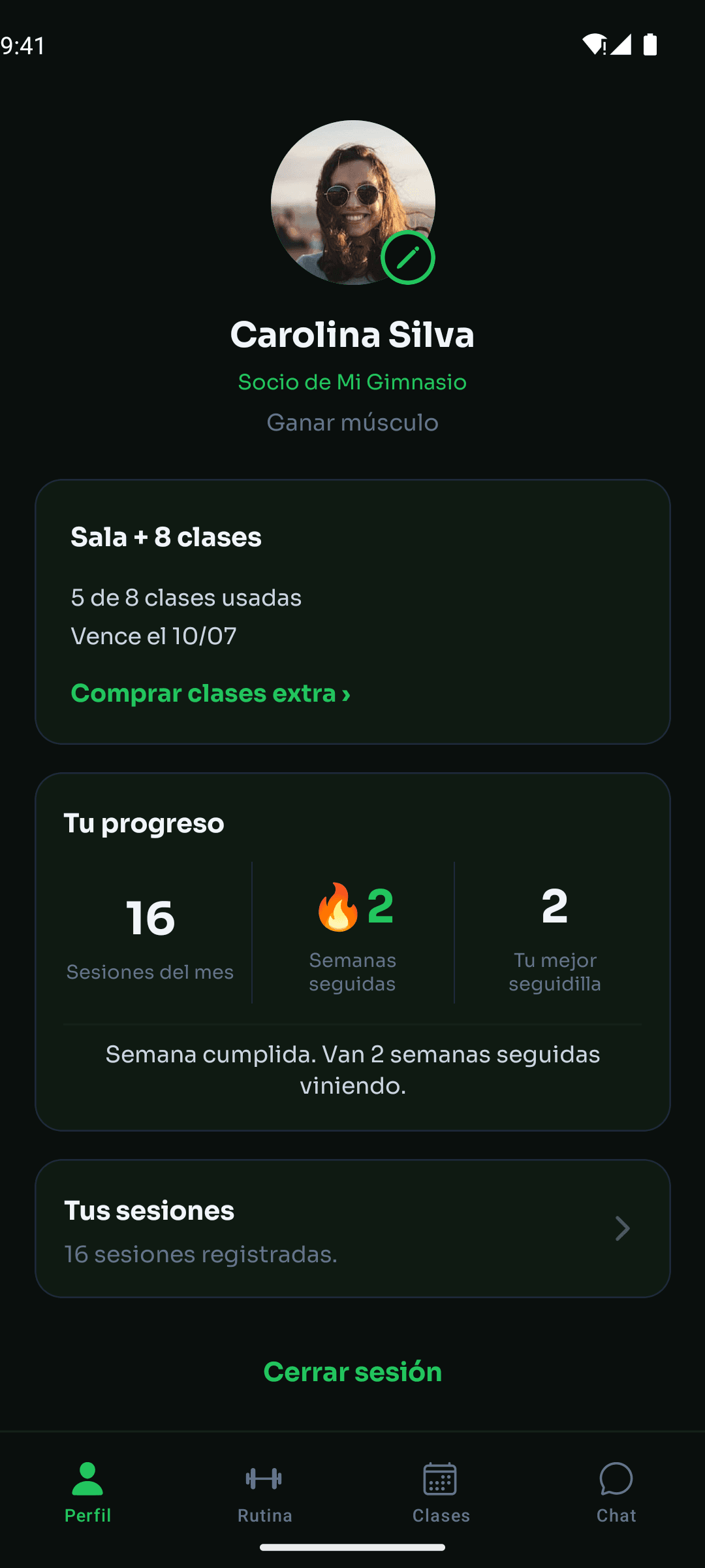 Pantalla Perfil de la app Gimpulso: plan, saldo de clases y progreso del socio