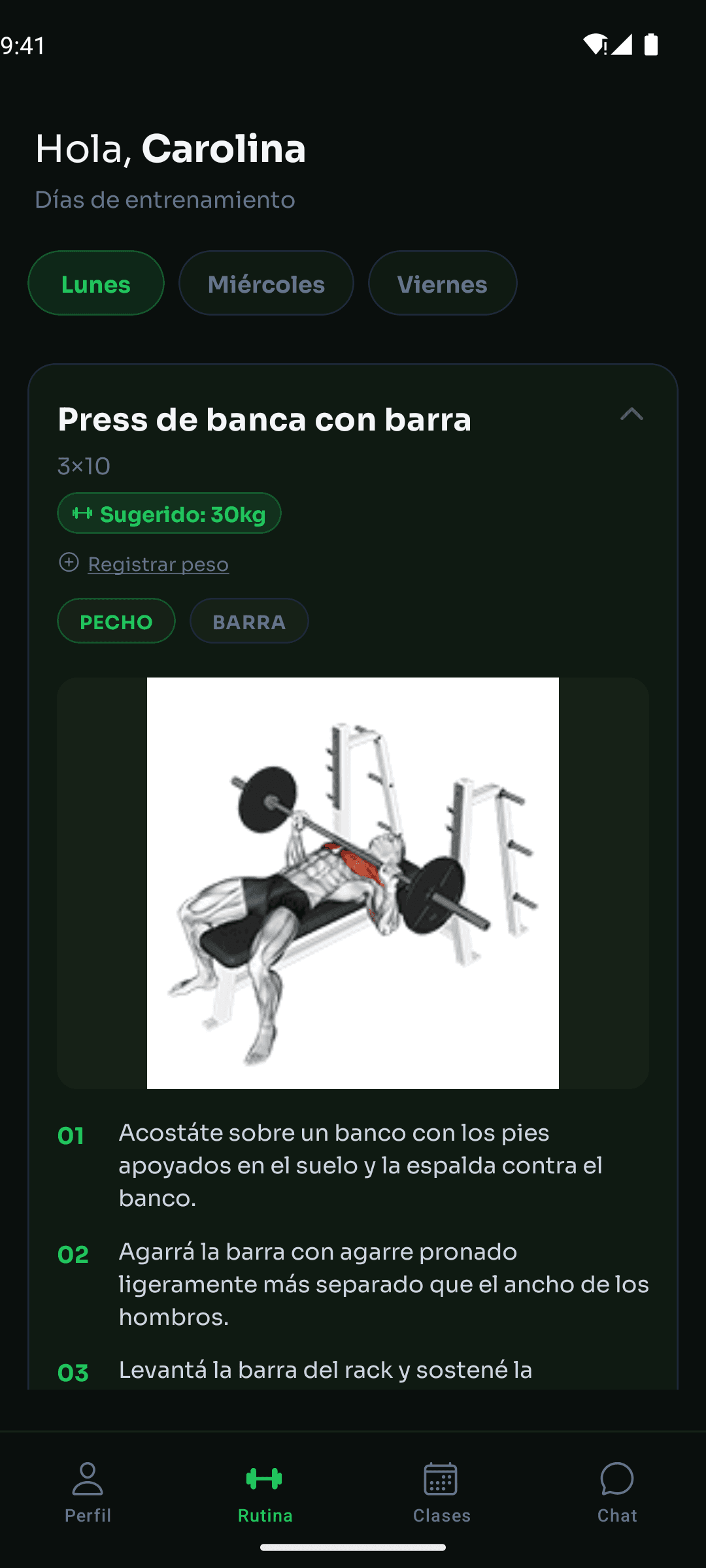 Pantalla Rutina de la app Gimpulso: ejercicios del día con GIF e instrucciones paso a paso