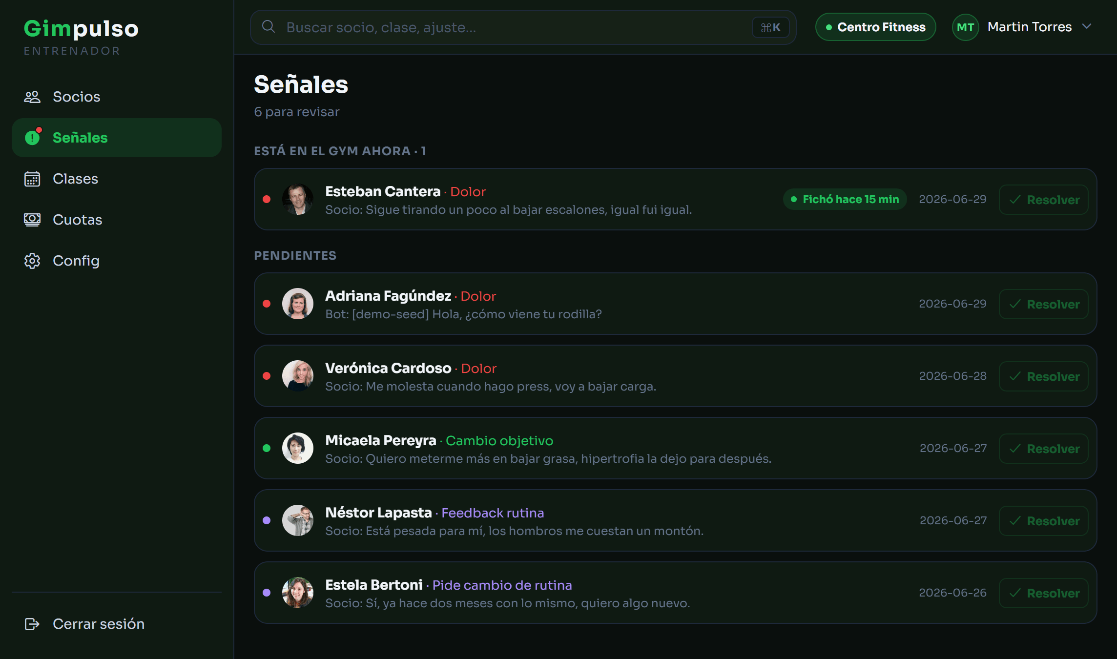 Vista de Señales del panel de Gimpulso: socios con señales detectadas que el entrenador debe atender