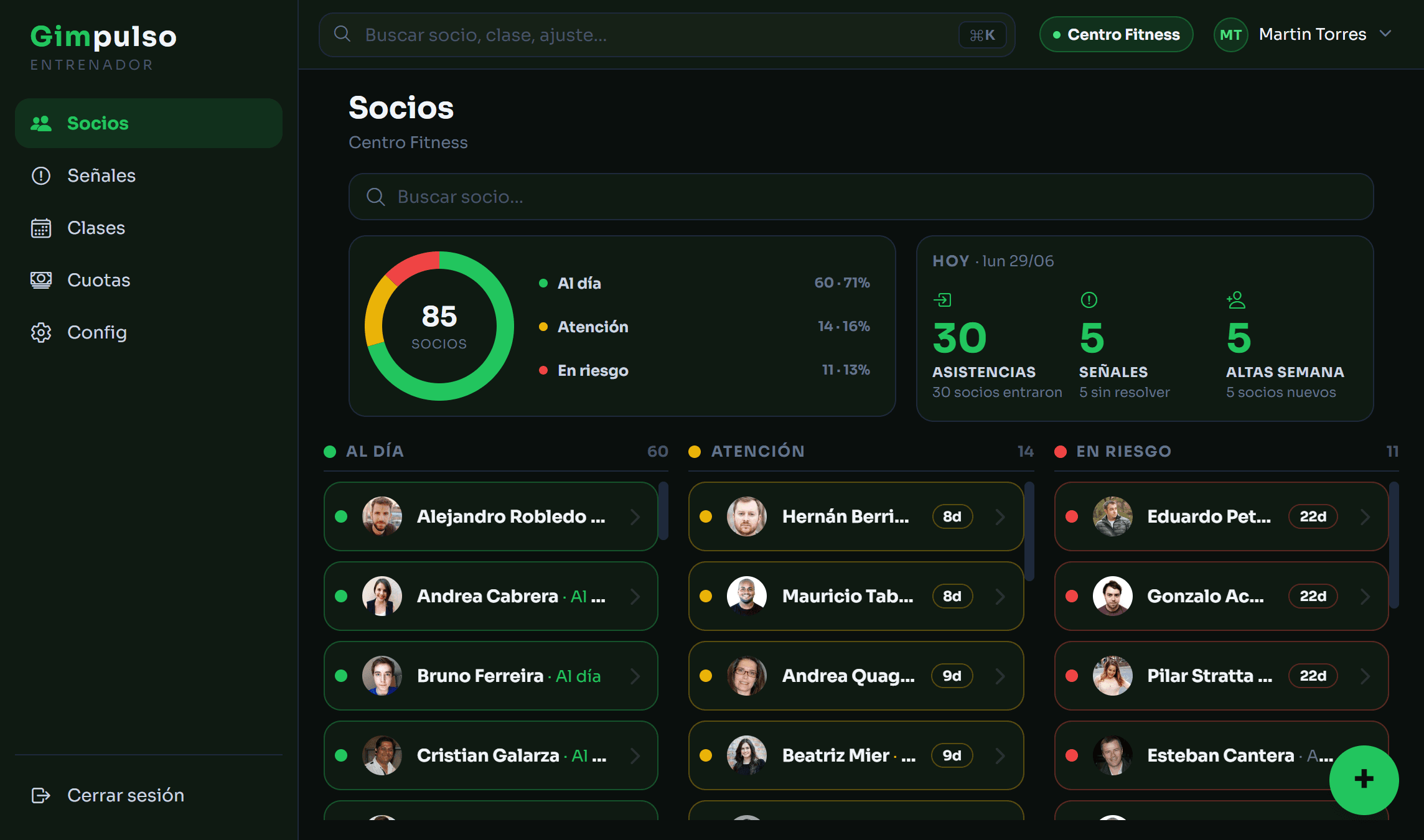 Panel del entrenador de Gimpulso mostrando la lista de socios con semáforos