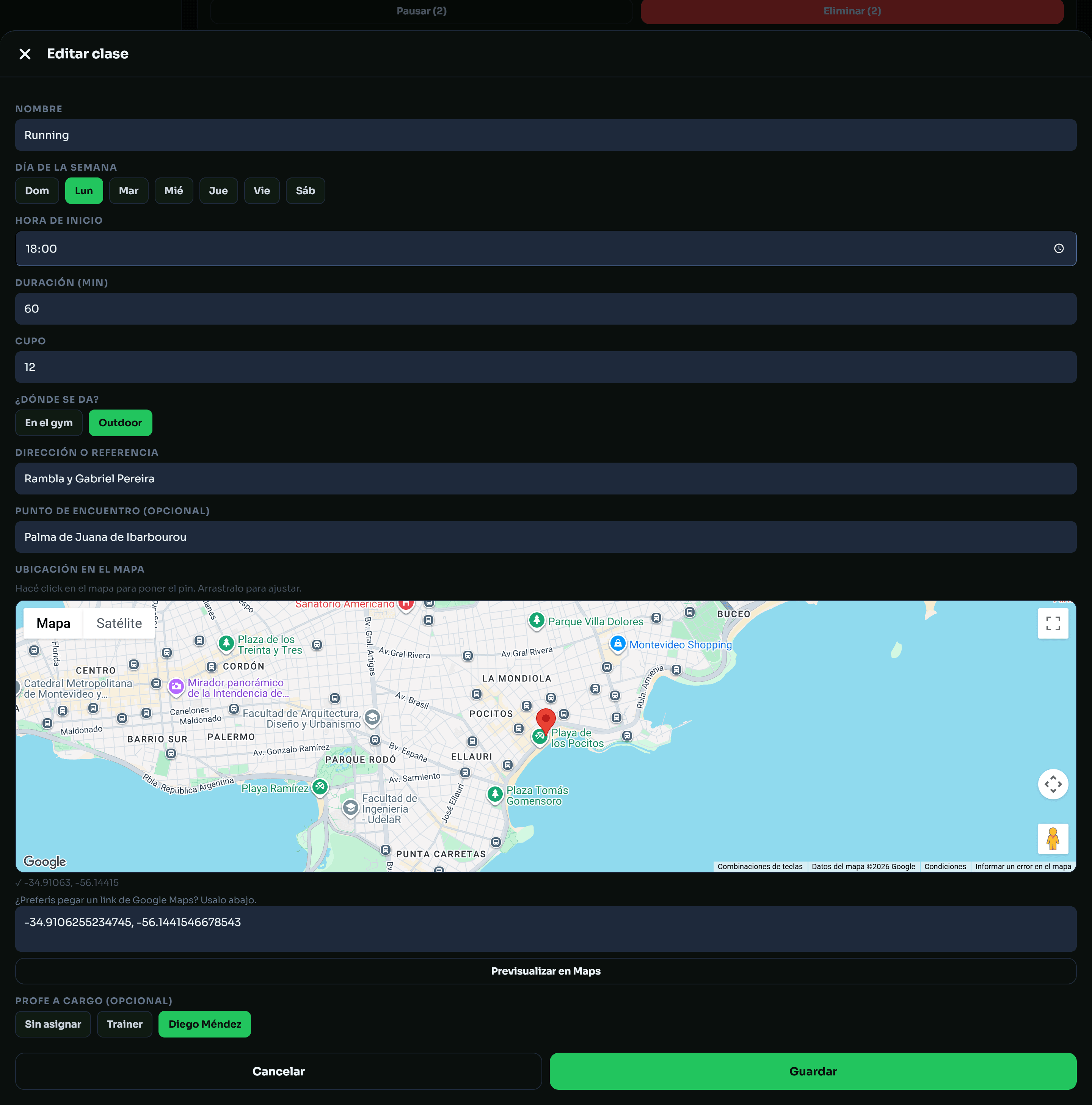 Modal Editar clase outdoor del dashboard de Gimpulso: formulario con día, hora, duración, dirección y mapa con punto de encuentro