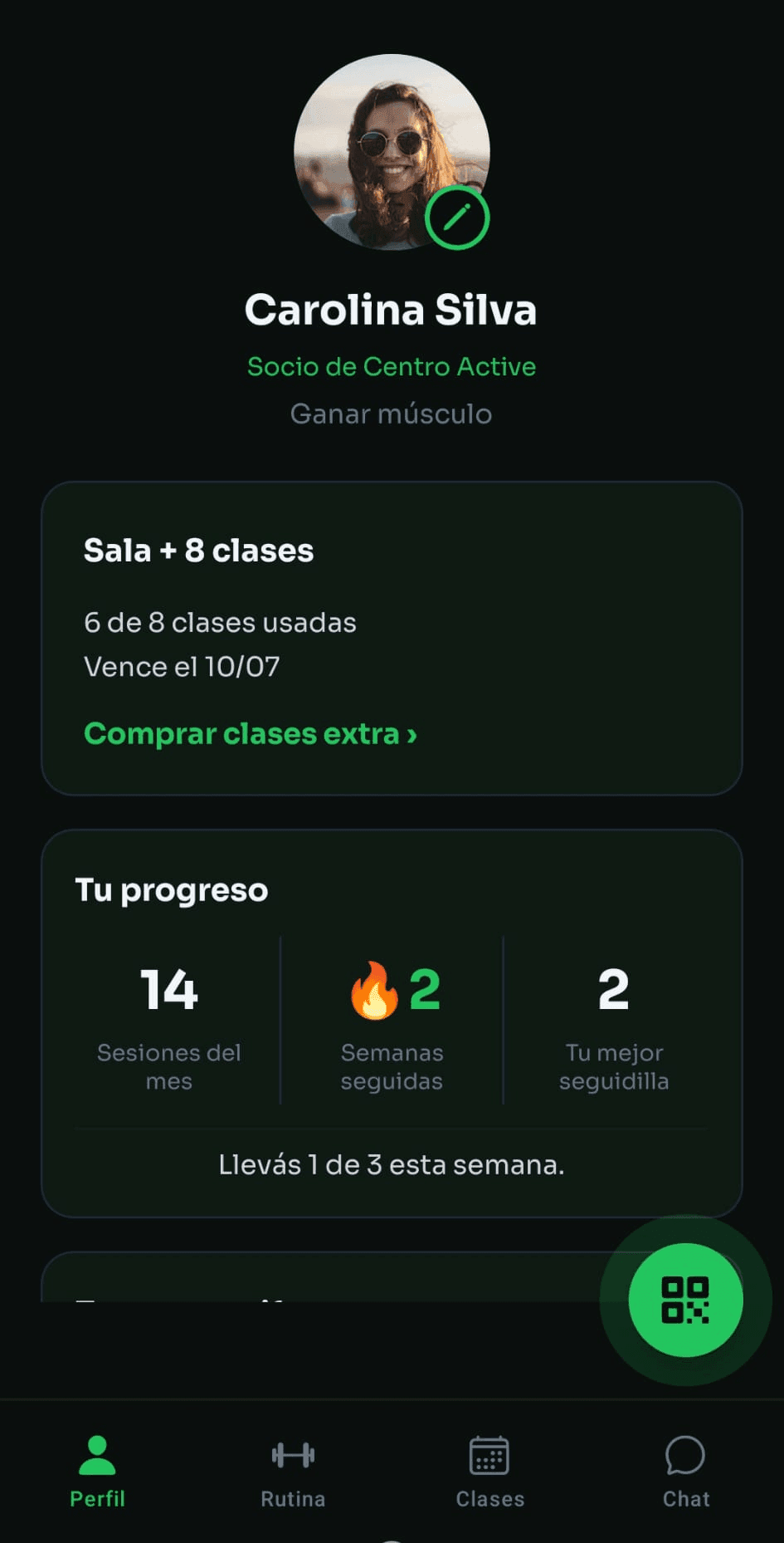 App del socio — vista central con estado, plan y cuota